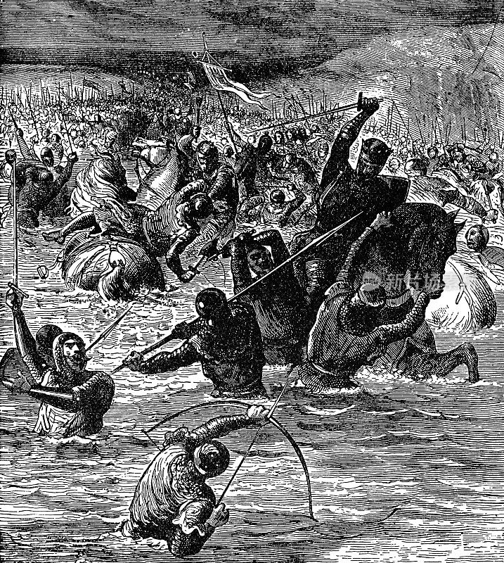 爱德华三世在布兰切塔克战役中横渡索姆河，Émile-Antoine Bayard插图- 19世纪